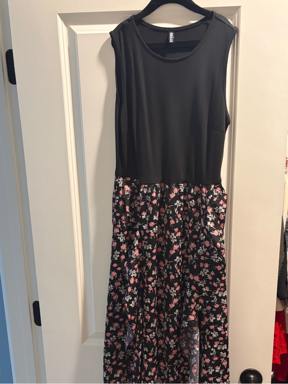 Sleeveless Black Maxi Dress with Pink Floral Skirt